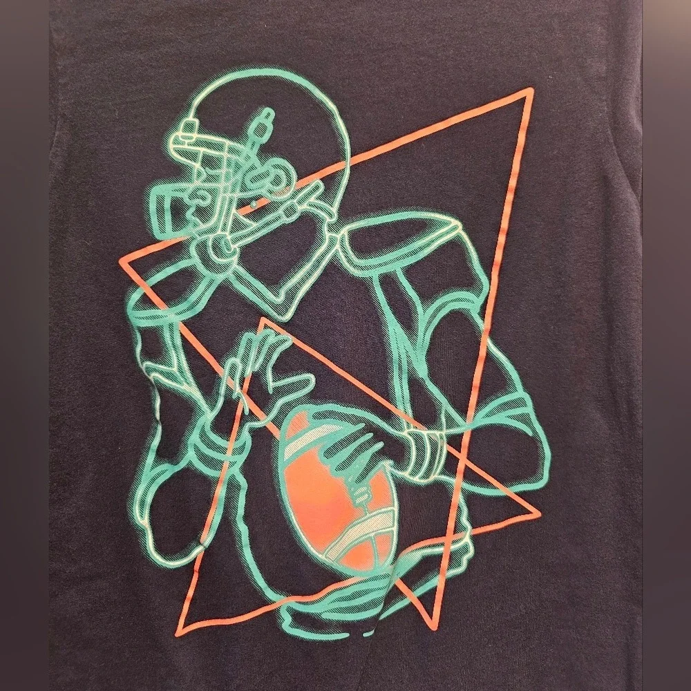 Kid's‎ sz 5/6 Navy Blue Neon Football Graphic Long Sleeve Tee Fall Ball Sporty
